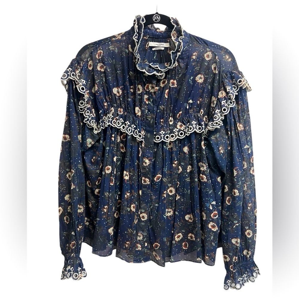 ISABEL MARANT Etoile Women’s "Elmira” Navy Floral Blouse Eyelet Trim - Size 42